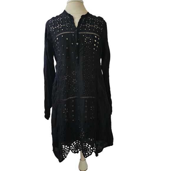 Johnny Was Embroidered Floral Eyelet Patchwork Dress black goth M tunic coastal - Picture 2 of 12